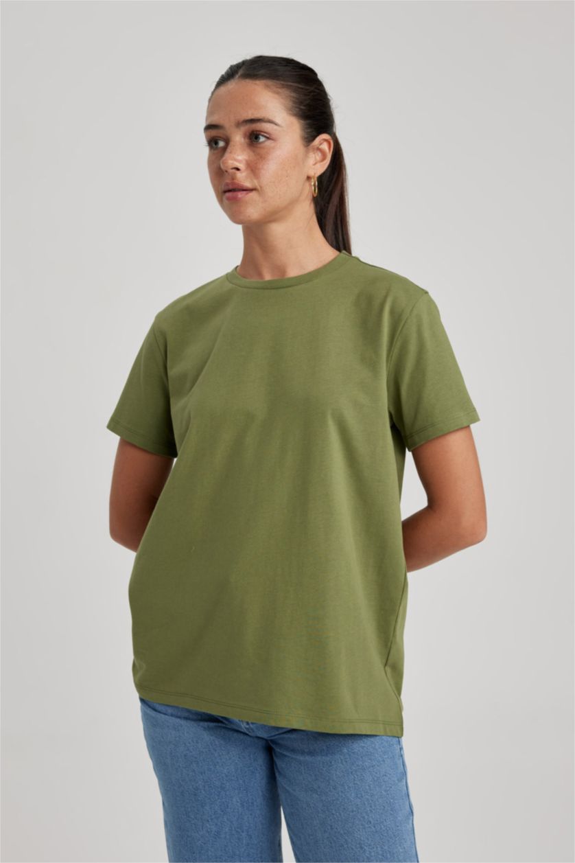 نساء كاكي تي شيرت نص كم قصة طويلة بياقة مستديرة