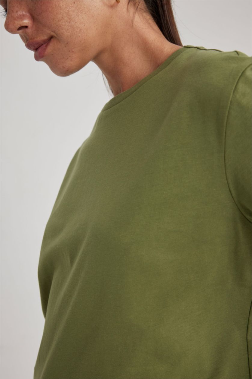 نساء كاكي تي شيرت نص كم قصة طويلة بياقة مستديرة