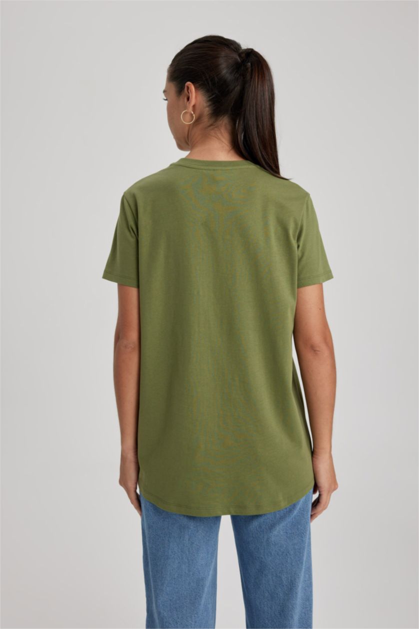 نساء كاكي تي شيرت نص كم قصة طويلة بياقة مستديرة