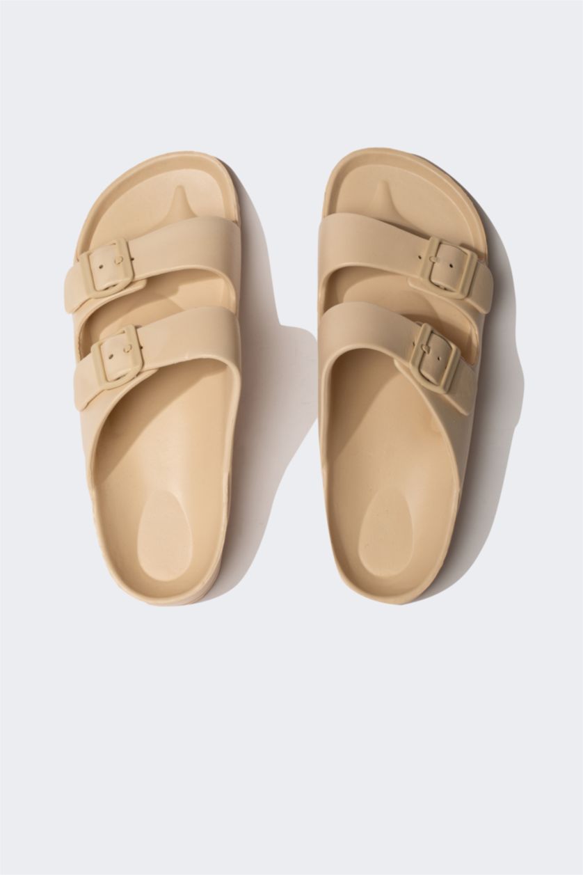 Erkek Koyu Bej Erkek Düz Taban Çift Bantlı Eva Terlik