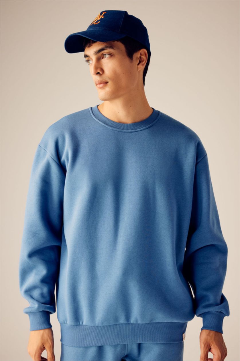 HOMME Indigo Clair Sweat-shirt basique en coton coupe oversize à col ras du cou
