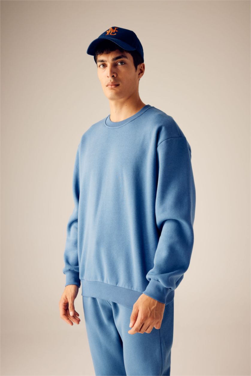 HOMME Indigo Clair Sweat-shirt basique en coton coupe oversize à col ras du cou