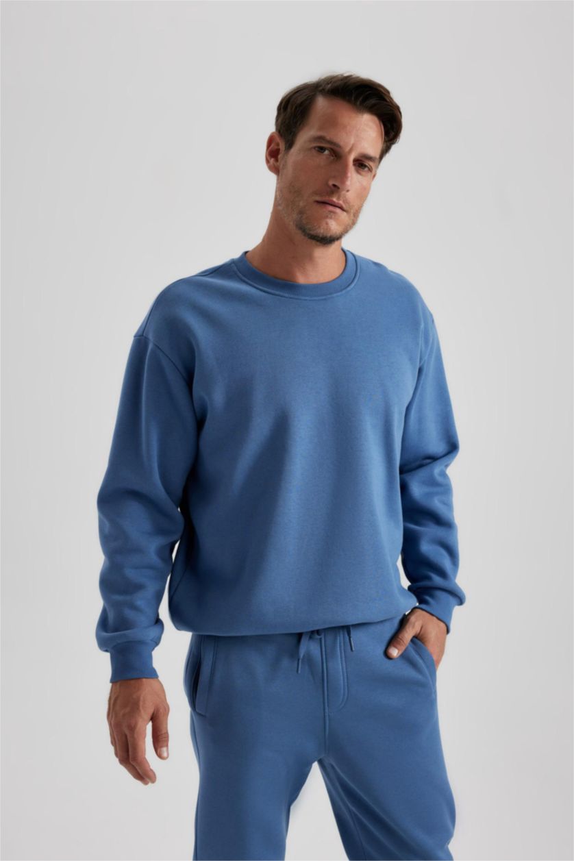 HOMME Indigo Clair Sweat-shirt basique en coton coupe oversize à col ras du cou