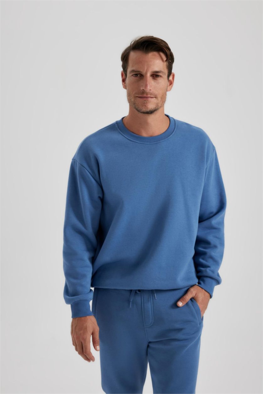 HOMME Indigo Clair Sweat-shirt basique en coton coupe oversize à col ras du cou
