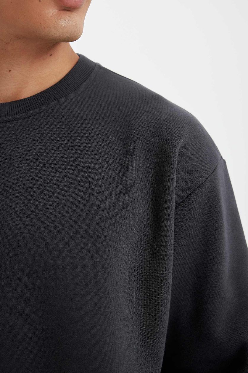Erkek Antrasit Oversize Geniş Kalıp Bisiklet Yaka Kalın Basic Düz Sweatshirt