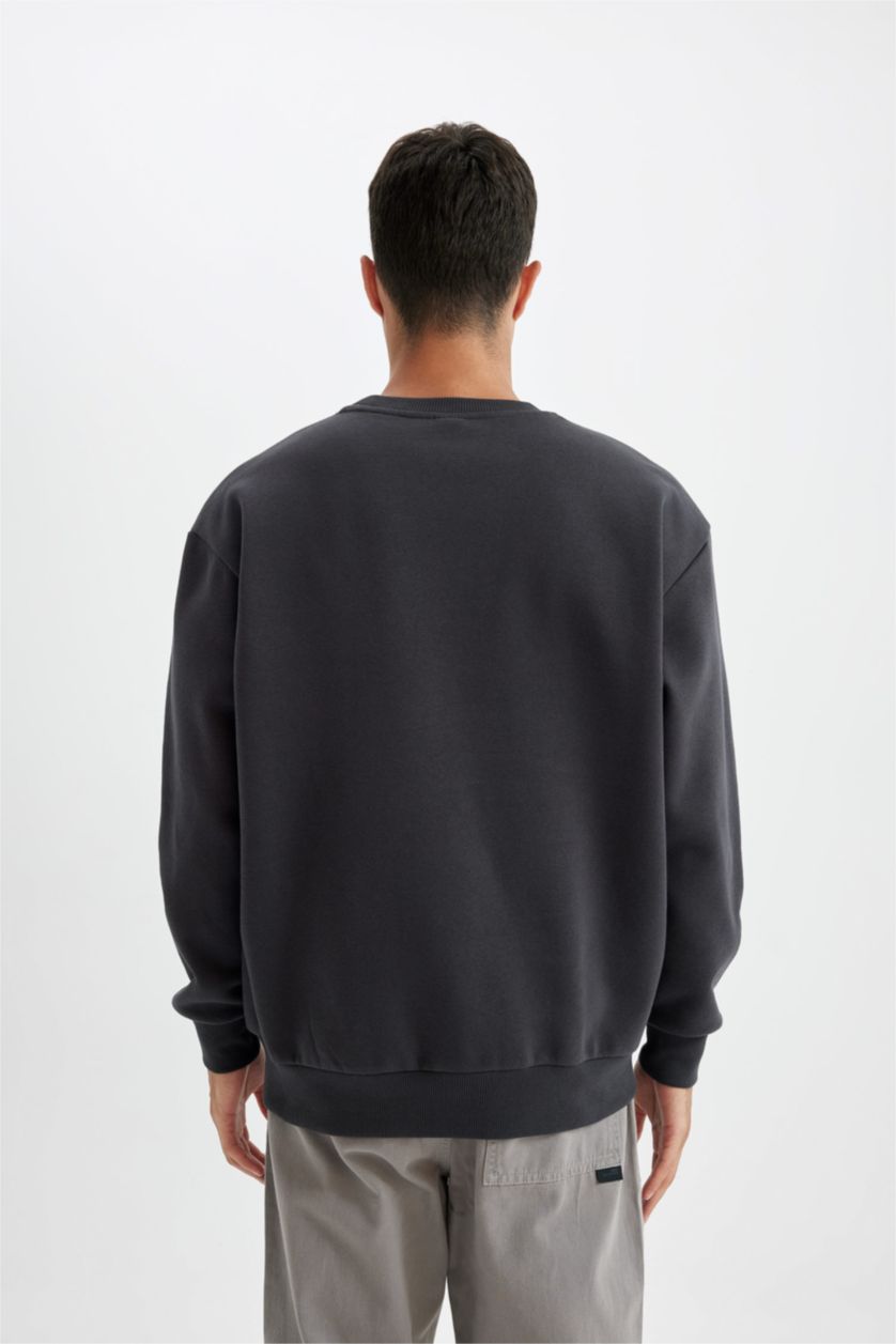 Erkek Antrasit Oversize Geniş Kalıp Bisiklet Yaka Kalın Basic Düz Sweatshirt