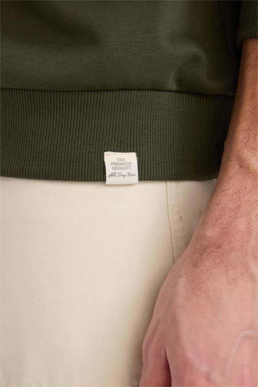 رجالي كاكي غامق سويت شيرت بيزك تقيل اوفر سايز برقبة مستديرة