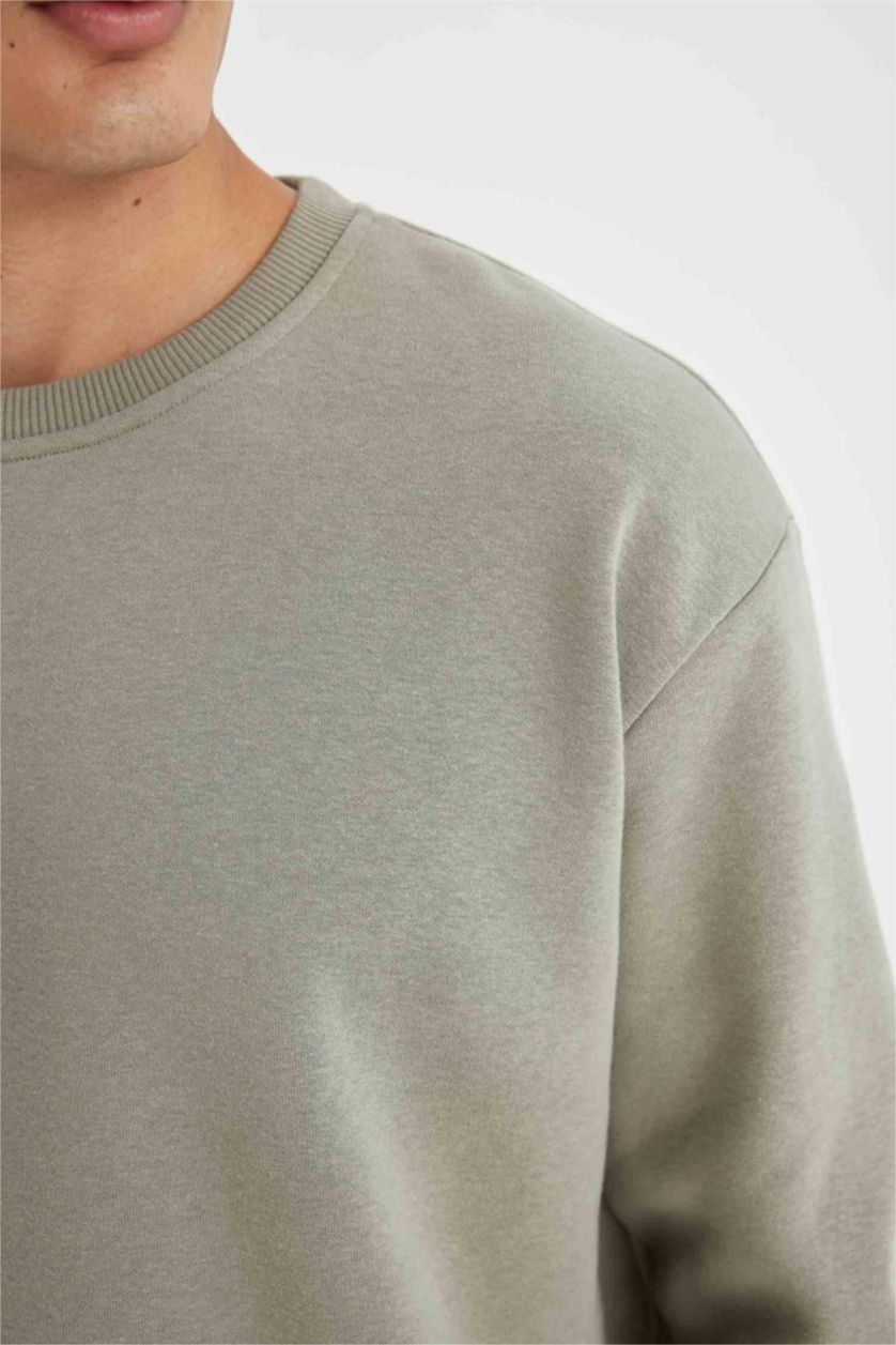 Erkek Haki Oversize Geniş Kalıp Bisiklet Yaka Kalın Basic Düz Sweatshirt