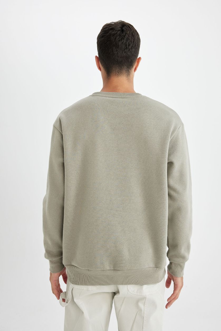 Erkek Haki Oversize Geniş Kalıp Bisiklet Yaka Kalın Basic Düz Sweatshirt