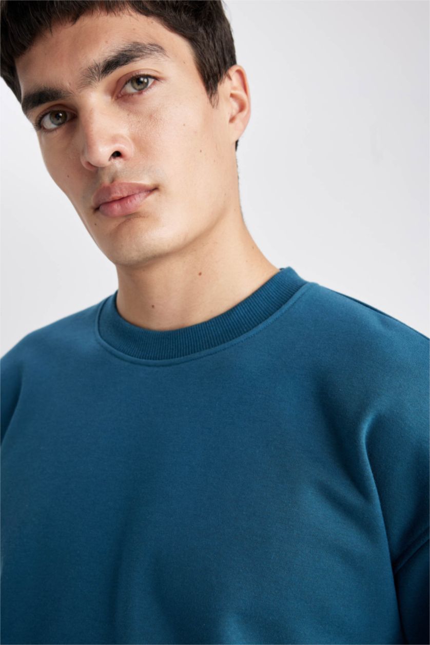 رجال بترولي سويت شيرت سادة اوفر سايز بياخة مستديرة