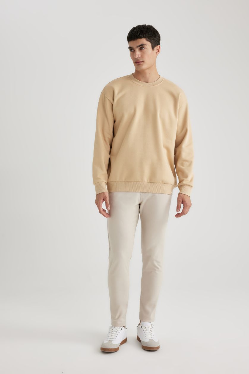 Erkek Bej Oversize Geniş Kalıp Bisiklet Yaka Basic Düz Sweatshirt