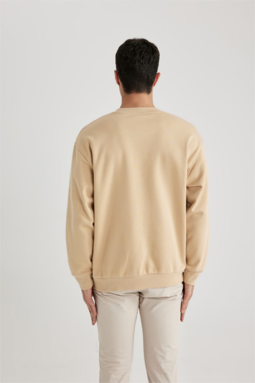 Erkek Bej Oversize Geniş Kalıp Bisiklet Yaka Basic Düz Sweatshirt