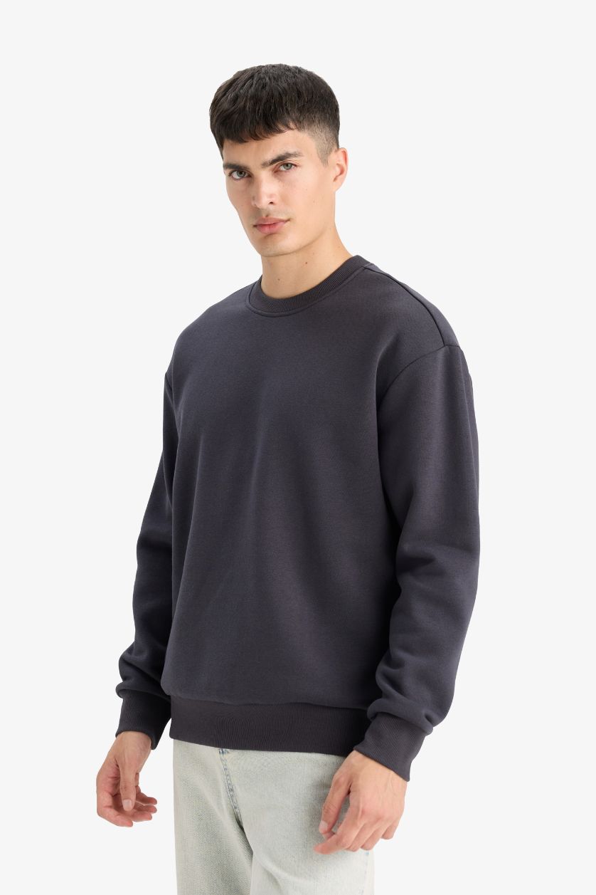 Erkek Koyu Antrasit Relax Fit Bisiklet Yaka Kalın İçi Yumuşak Tüylü Basic Düz Sweatshirt