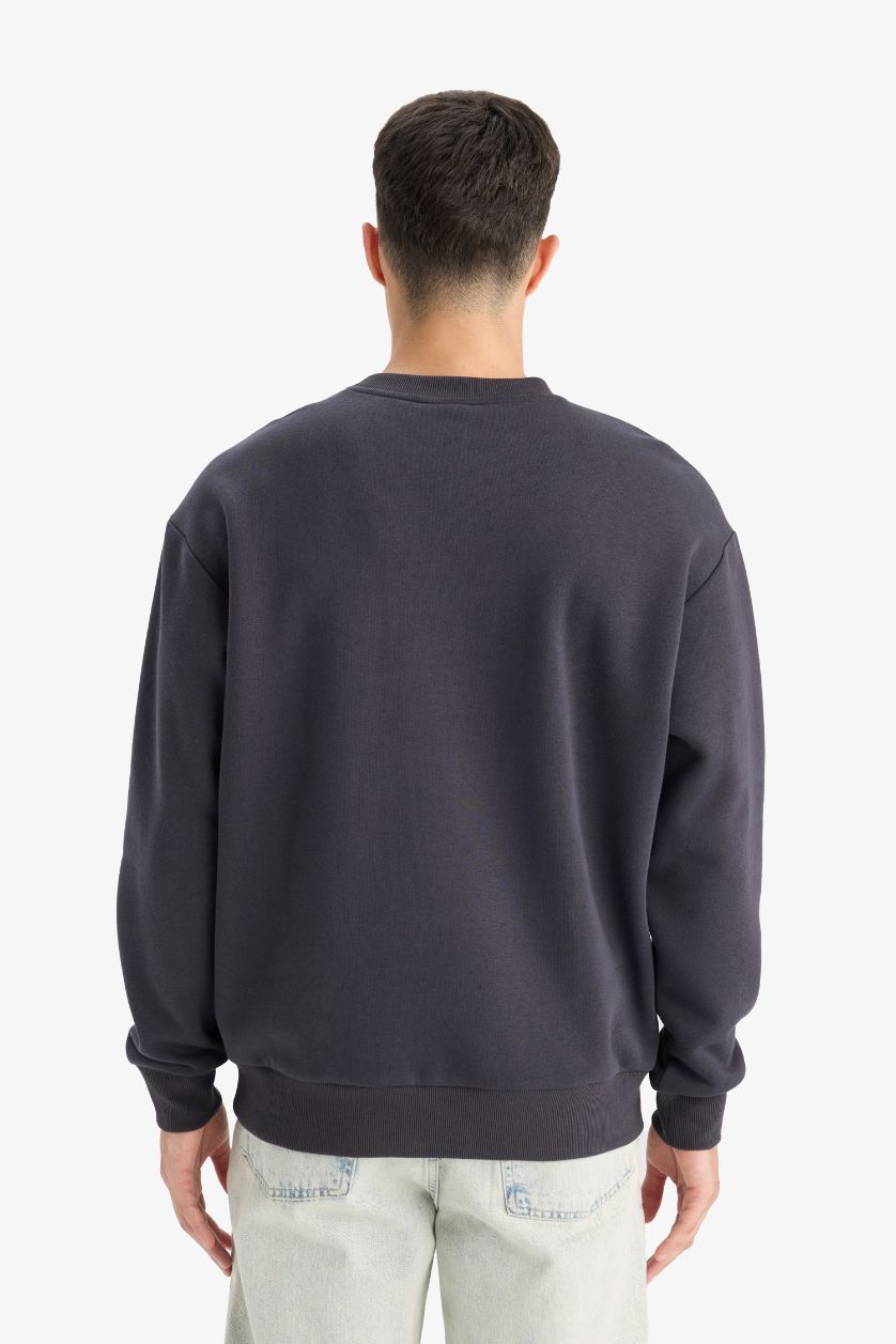 Erkek Koyu Antrasit Relax Fit Bisiklet Yaka Kalın İçi Yumuşak Tüylü Basic Düz Sweatshirt
