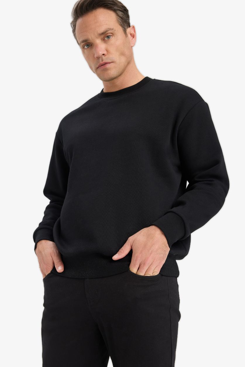 Erkek Siyah Relax Fit Bisiklet Yaka Kalın İçi Yumuşak Tüylü Basic Düz Sweatshirt