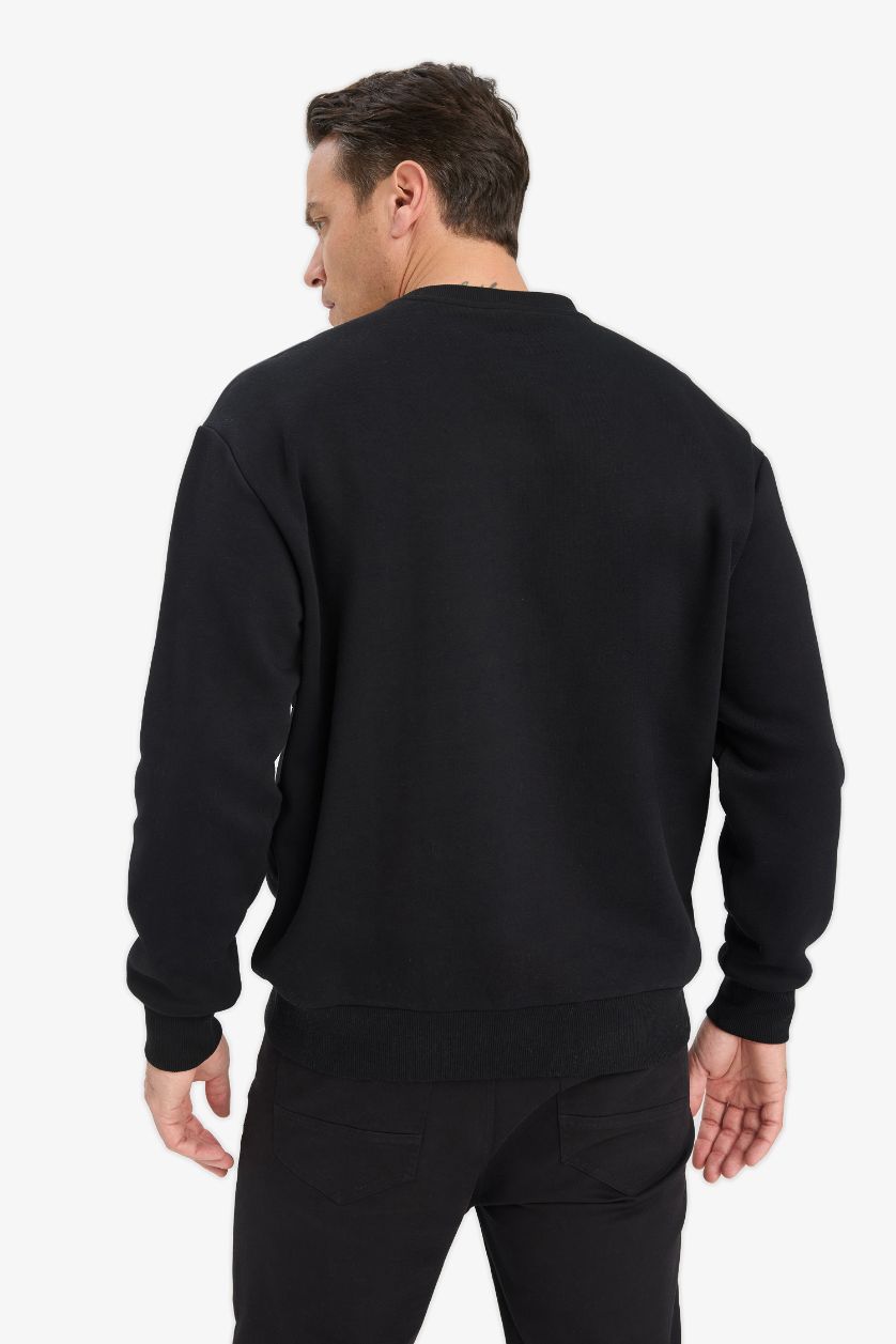 Erkek Siyah Relax Fit Bisiklet Yaka Kalın İçi Yumuşak Tüylü Basic Düz Sweatshirt