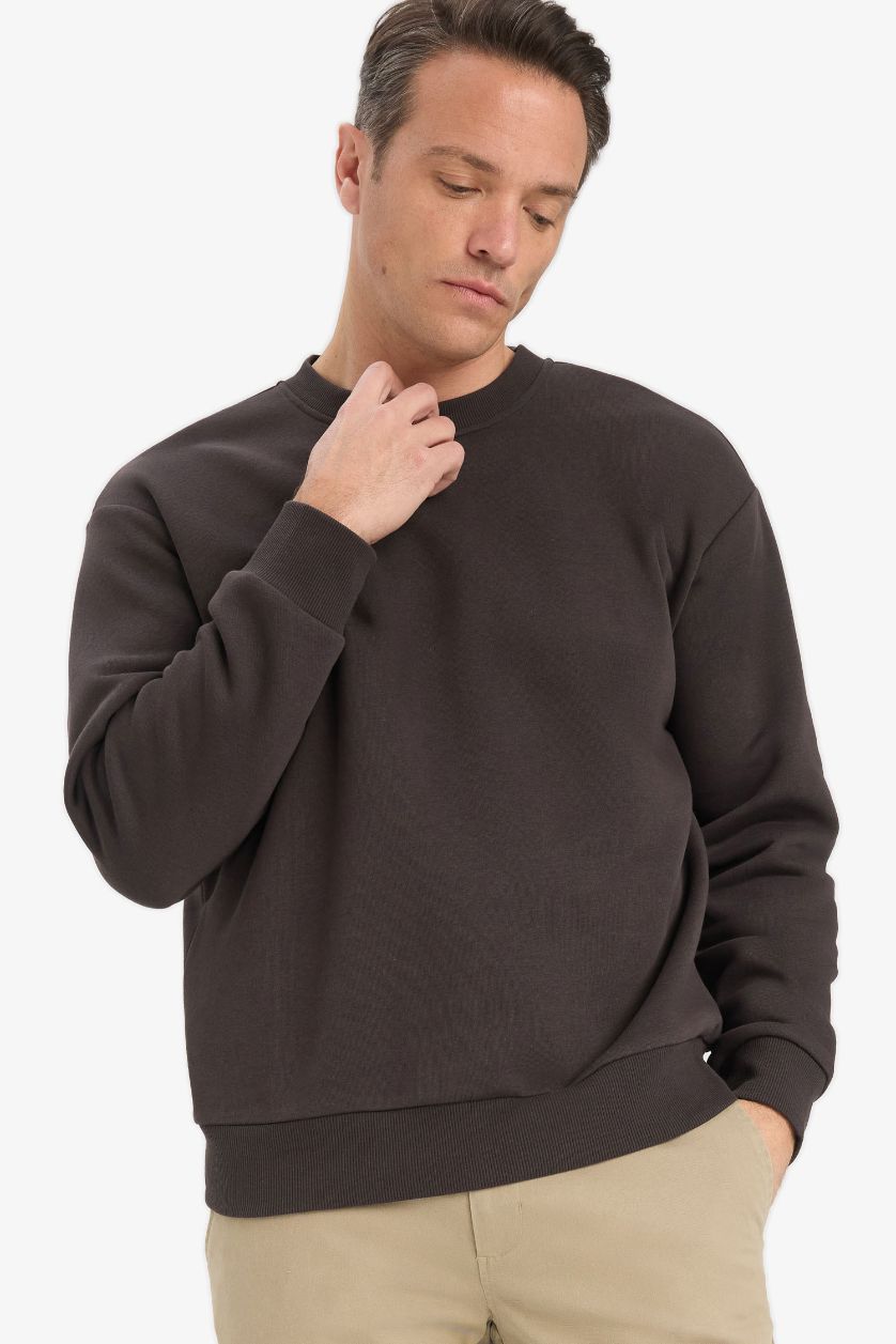 Erkek Koyu Kahve Relax Fit Bisiklet Yaka Kalın İçi Yumuşak Tüylü Basic Düz Sweatshirt