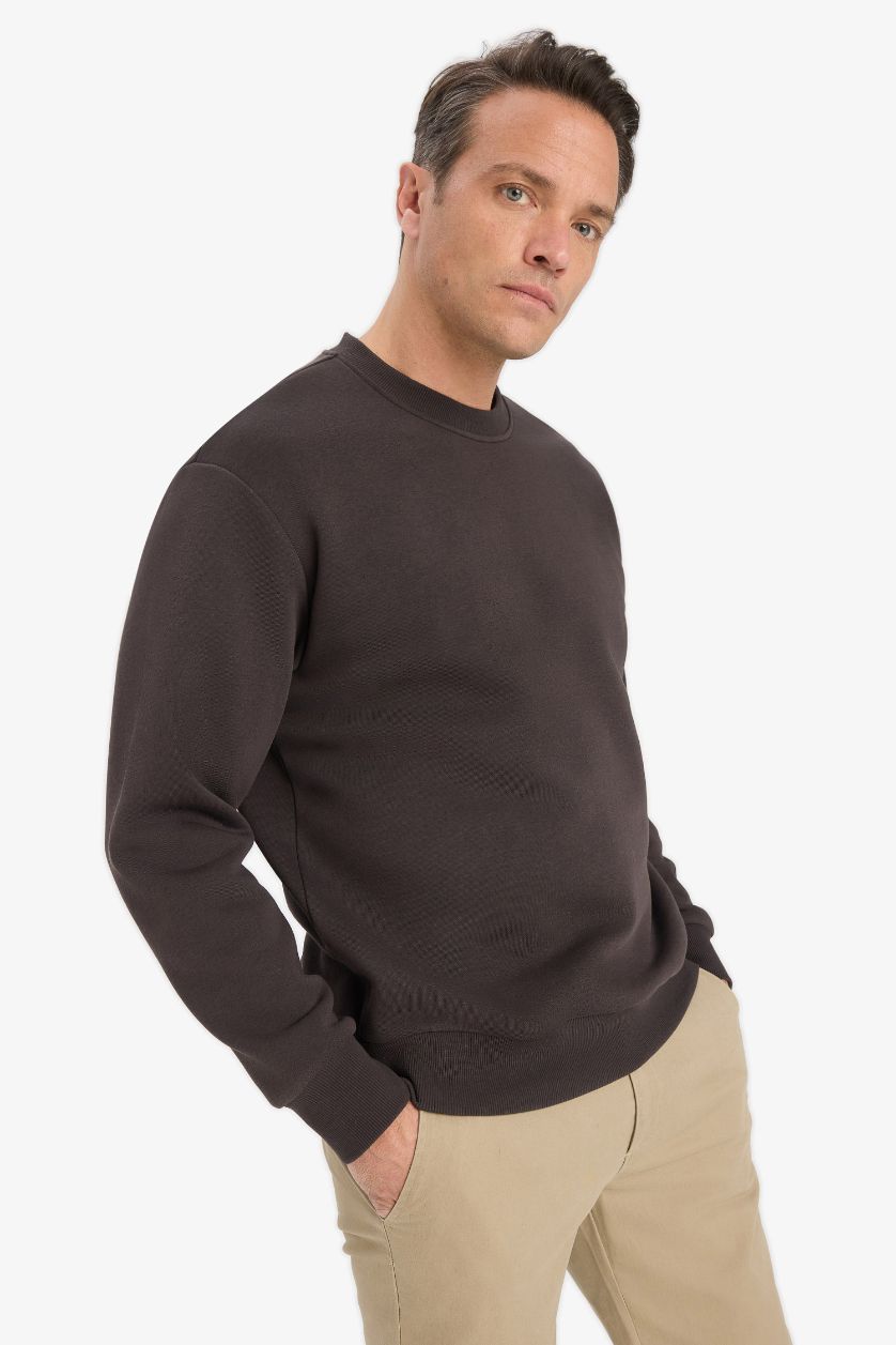 Erkek Koyu Kahve Relax Fit Bisiklet Yaka Kalın İçi Yumuşak Tüylü Basic Düz Sweatshirt