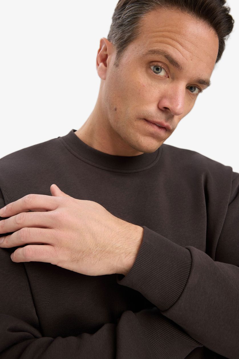 Erkek Koyu Kahve Relax Fit Bisiklet Yaka Kalın İçi Yumuşak Tüylü Basic Düz Sweatshirt