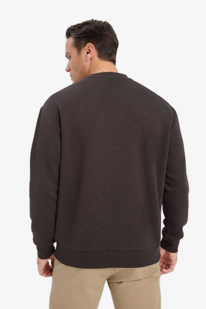 Erkek Koyu Kahve Relax Fit Bisiklet Yaka Kalın İçi Yumuşak Tüylü Basic Düz Sweatshirt