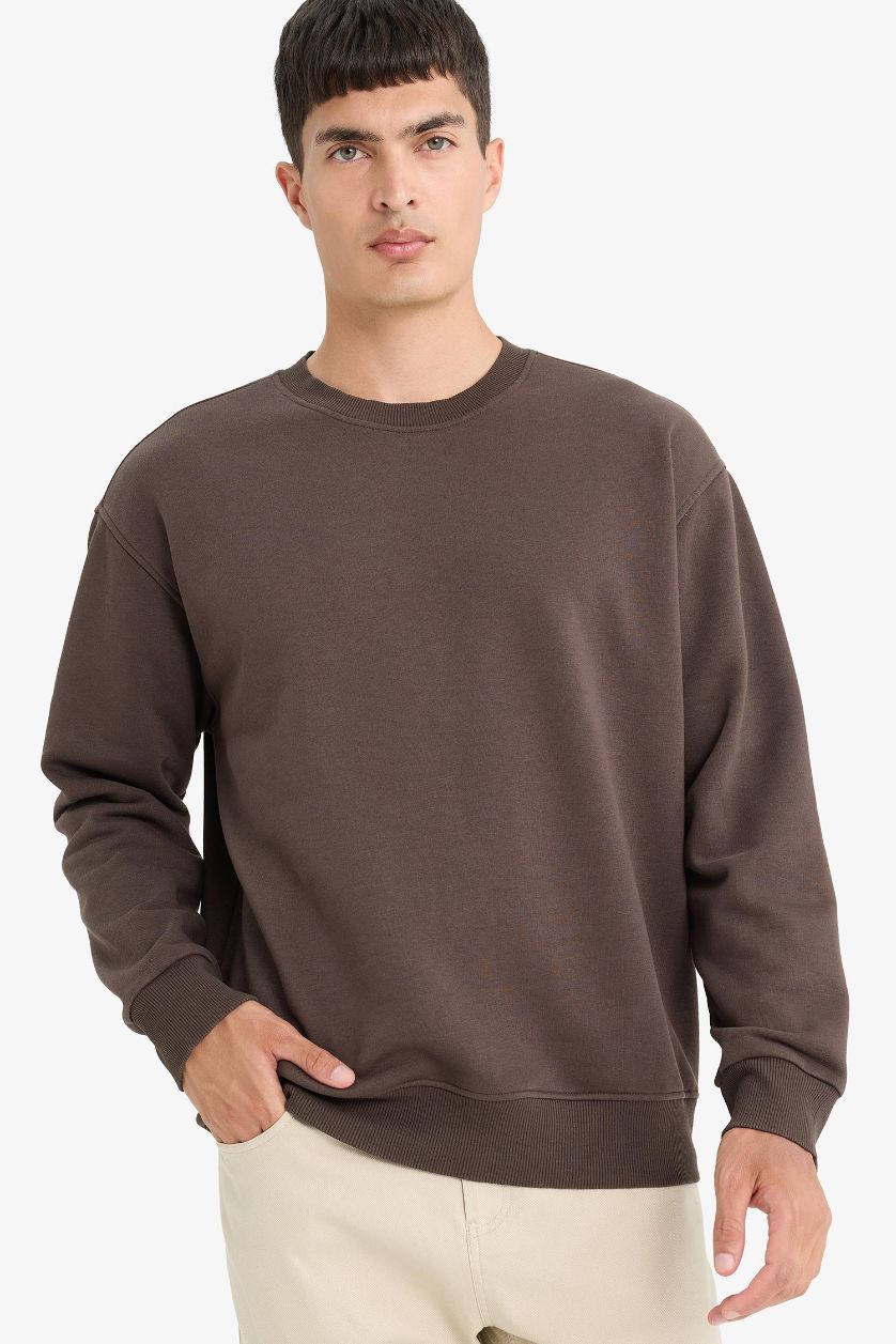 Erkek Kahve Relax Fit Bisiklet Yaka Kalın İçi Yumuşak Tüylü Basic Düz Sweatshirt