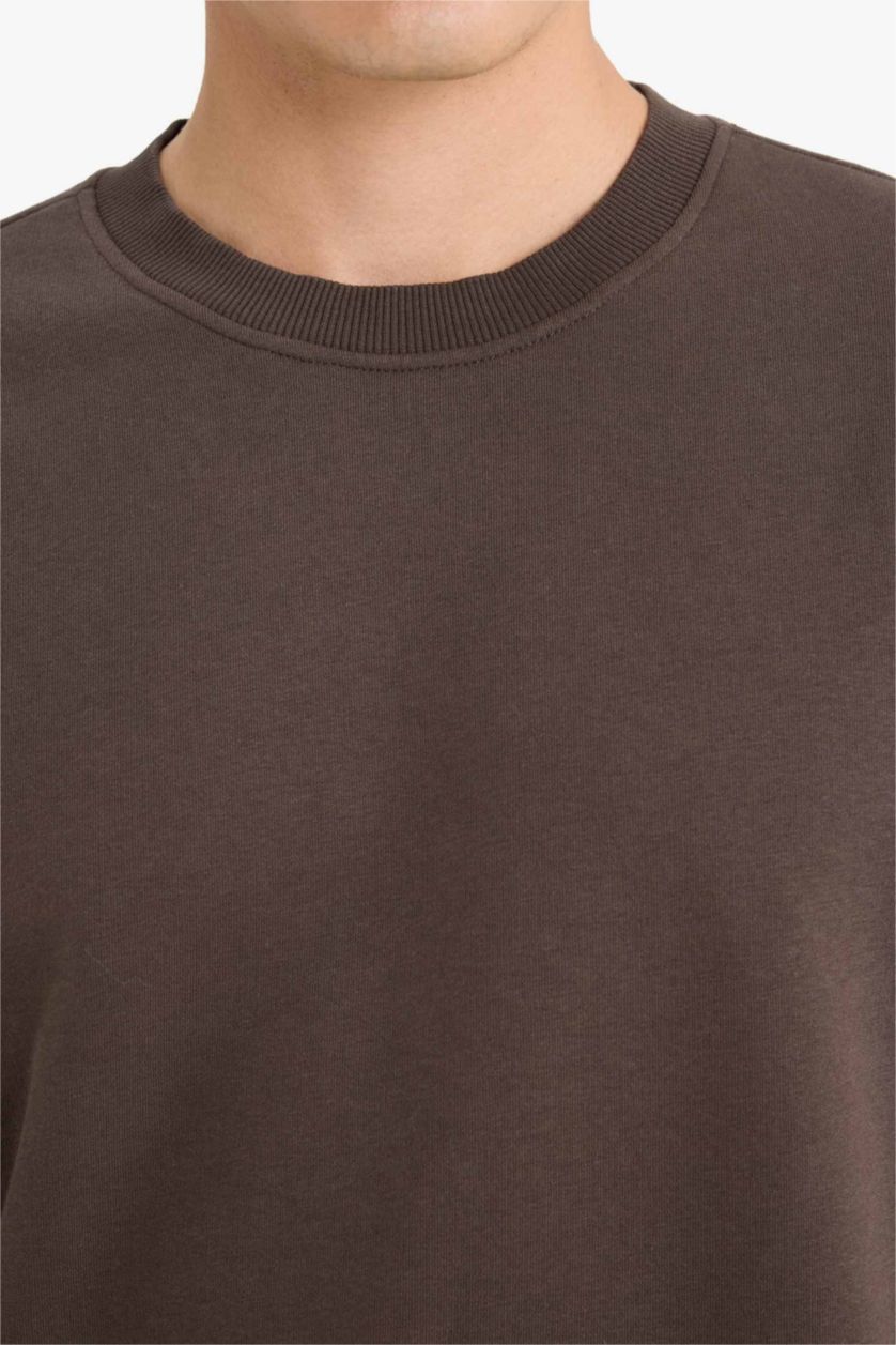 Erkek Kahve Relax Fit Bisiklet Yaka Kalın İçi Yumuşak Tüylü Basic Düz Sweatshirt