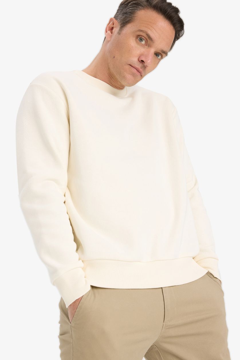 Erkek Ekru Relax Fit Bisiklet Yaka Kalın İçi Yumuşak Tüylü Basic Düz Sweatshirt