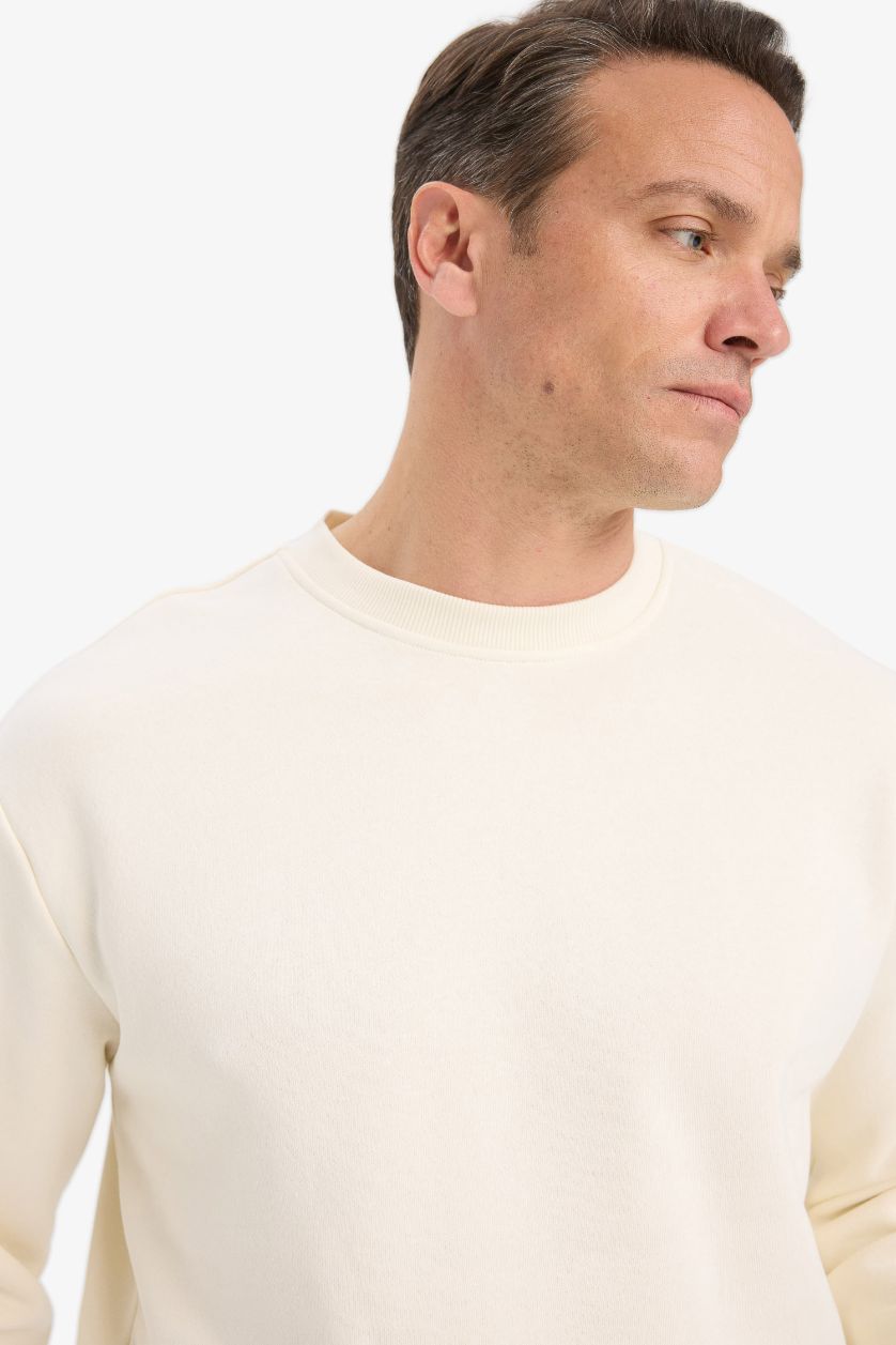 Erkek Ekru Relax Fit Bisiklet Yaka Kalın İçi Yumuşak Tüylü Basic Düz Sweatshirt
