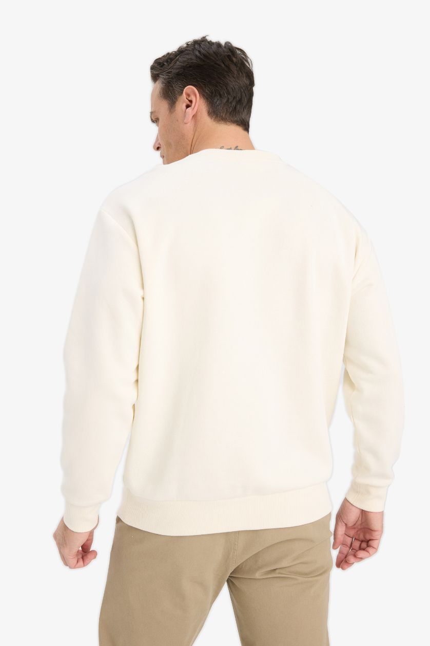 Erkek Ekru Relax Fit Bisiklet Yaka Kalın İçi Yumuşak Tüylü Basic Düz Sweatshirt