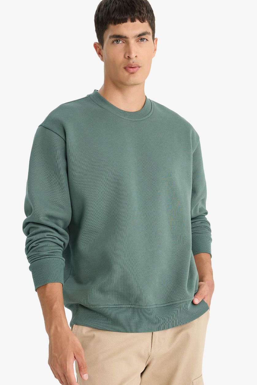 Erkek Yeşil Relax Fit Bisiklet Yaka Kalın İçi Yumuşak Tüylü Basic Düz Sweatshirt