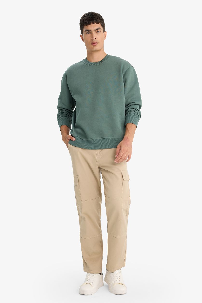 Erkek Yeşil Relax Fit Bisiklet Yaka Kalın İçi Yumuşak Tüylü Basic Düz Sweatshirt