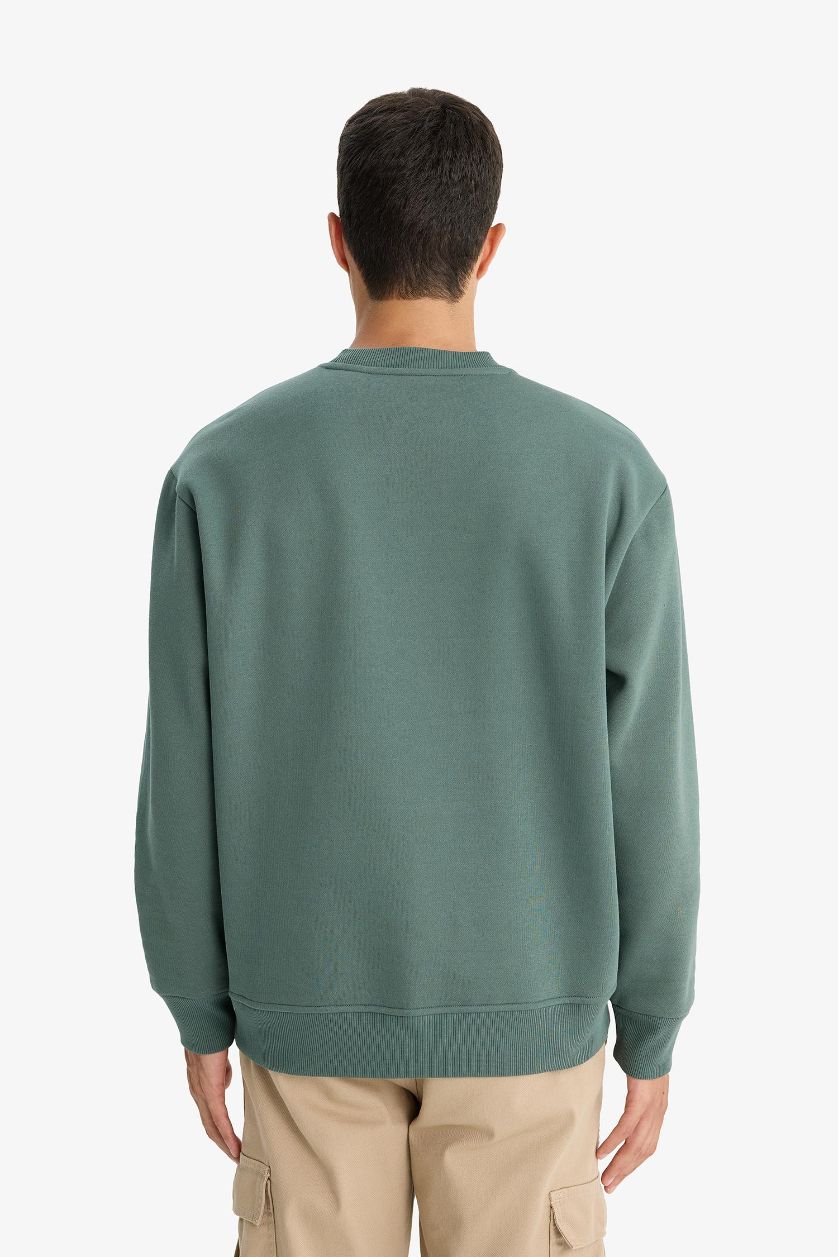 Erkek Yeşil Relax Fit Bisiklet Yaka Kalın İçi Yumuşak Tüylü Basic Düz Sweatshirt