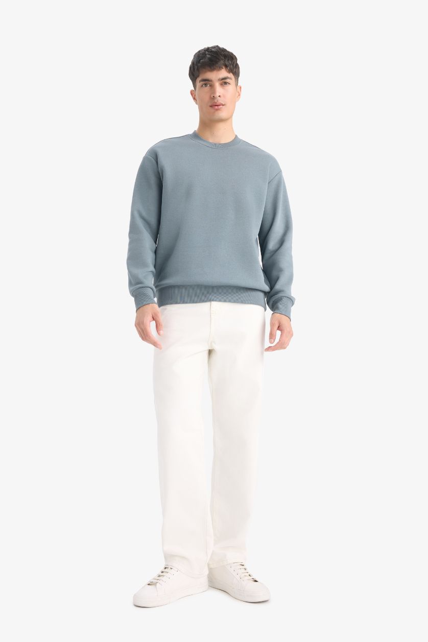 Erkek Yeşil Relax Fit Bisiklet Yaka Kalın İçi Yumuşak Tüylü Basic Düz Sweatshirt