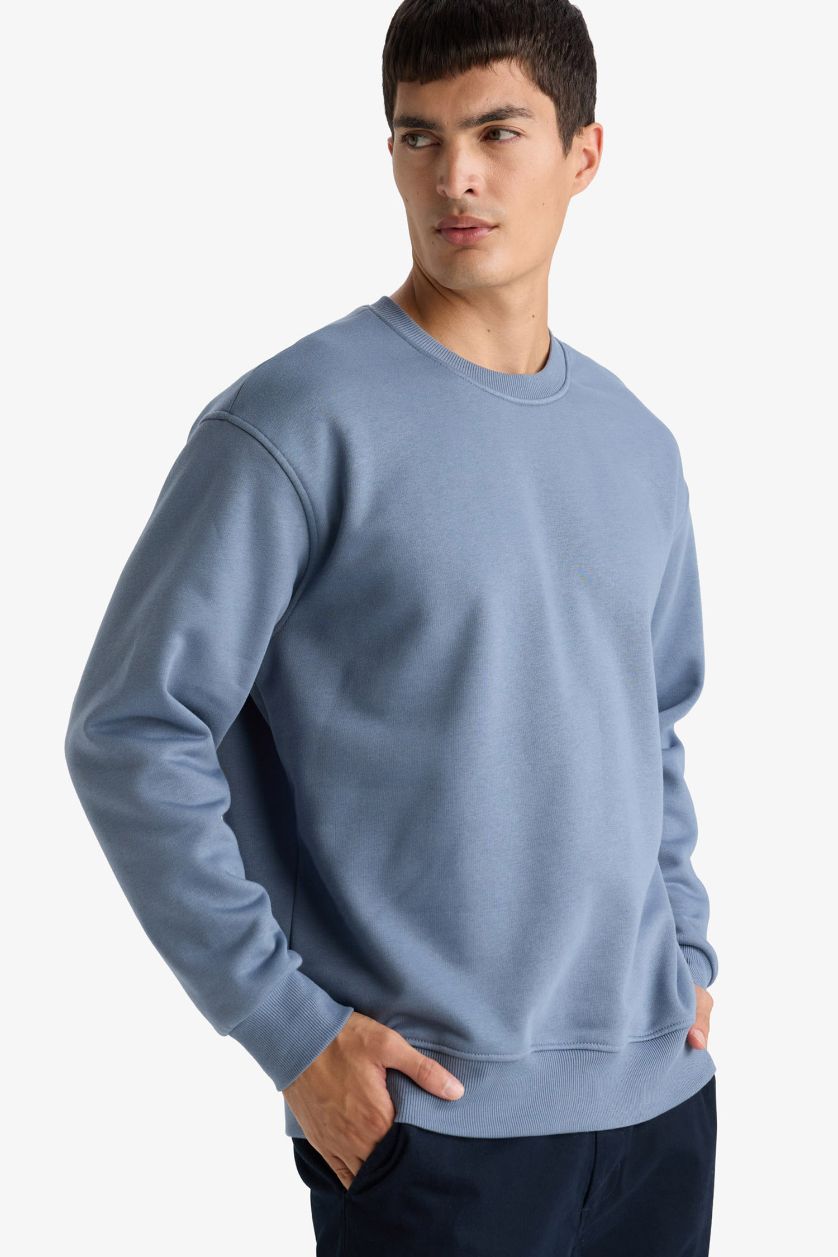 Erkek Gri Relax Fit Bisiklet Yaka Kalın İçi Yumuşak Tüylü Basic Düz Sweatshirt