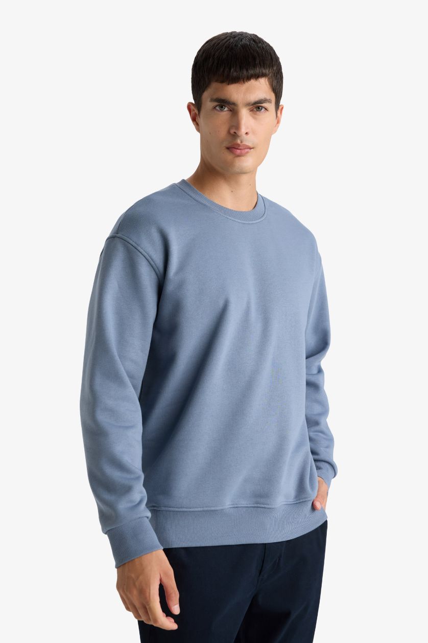 Erkek Gri Relax Fit Bisiklet Yaka Kalın İçi Yumuşak Tüylü Basic Düz Sweatshirt