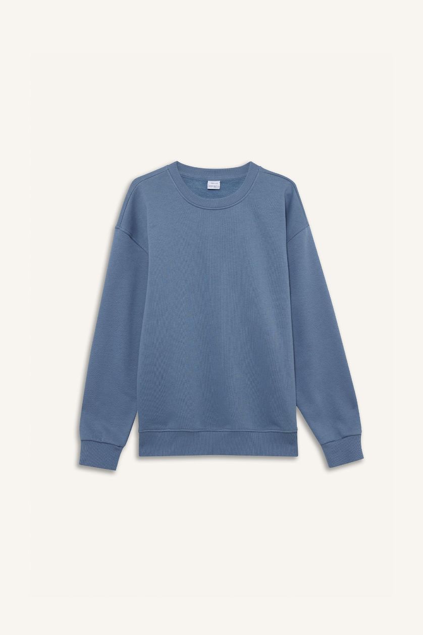Erkek Gri Relax Fit Bisiklet Yaka Kalın İçi Yumuşak Tüylü Basic Düz Sweatshirt