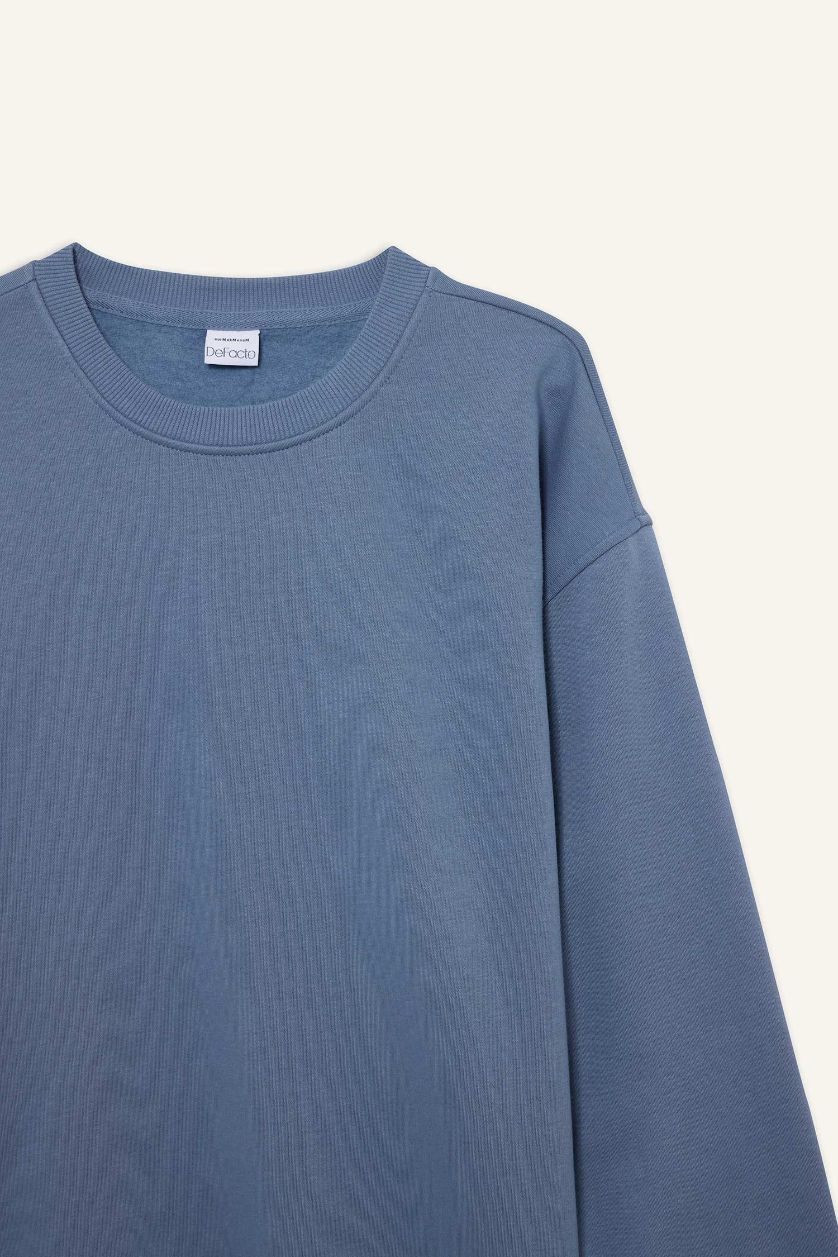 Erkek Gri Relax Fit Bisiklet Yaka Kalın İçi Yumuşak Tüylü Basic Düz Sweatshirt