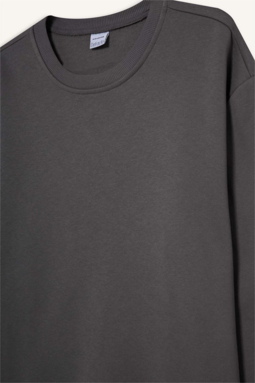 Erkek Gri Relax Fit Bisiklet Yaka Kalın İçi Yumuşak Tüylü Basic Düz Sweatshirt