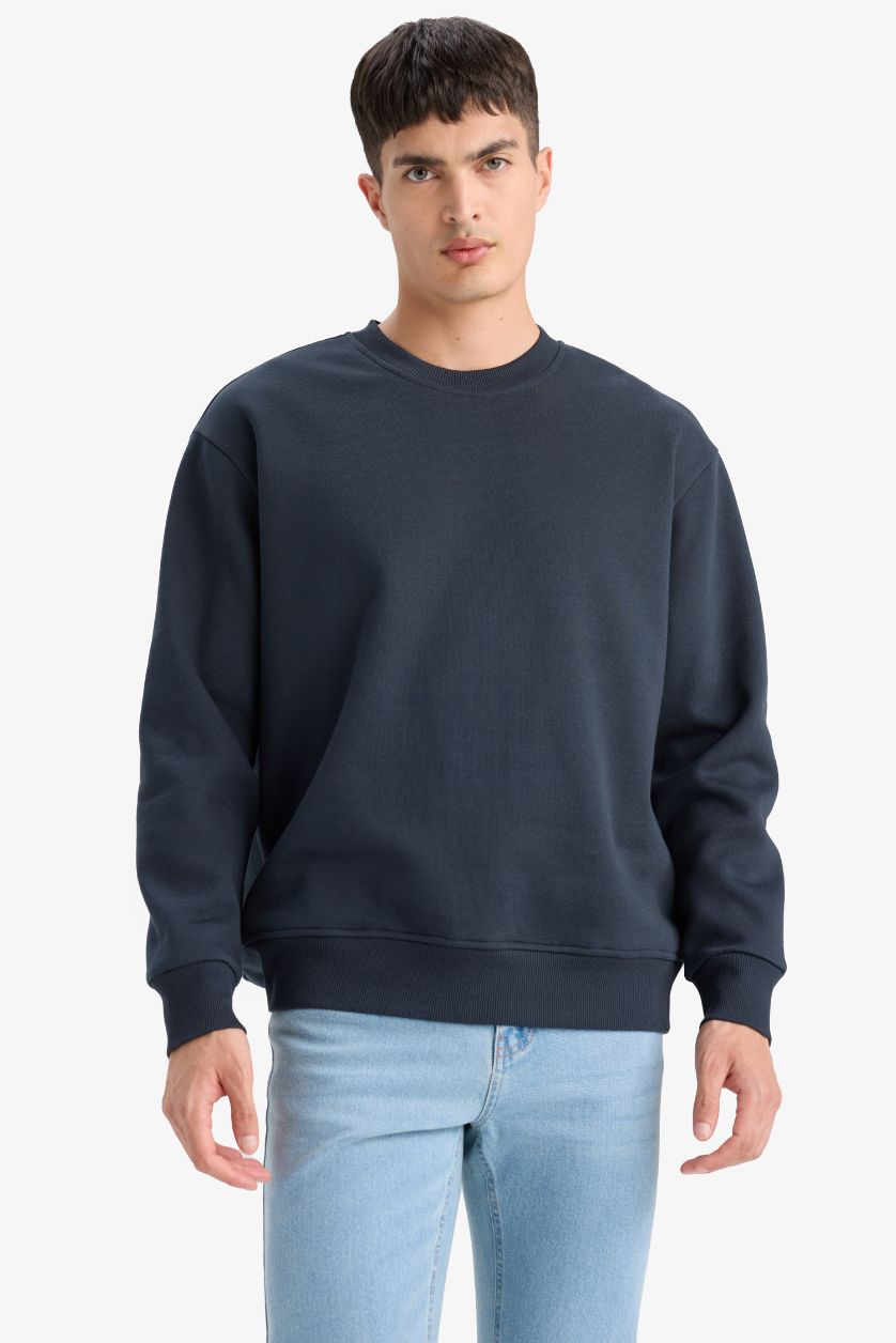 Erkek Lacivert Relax Fit Bisiklet Yaka Kalın İçi Yumuşak Tüylü Basic Düz Sweatshirt