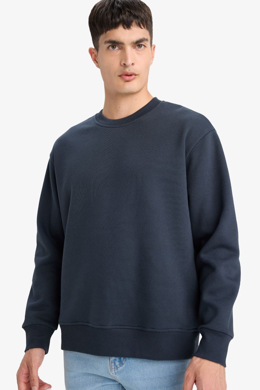 Erkek Lacivert Relax Fit Bisiklet Yaka Kalın İçi Yumuşak Tüylü Basic Düz Sweatshirt