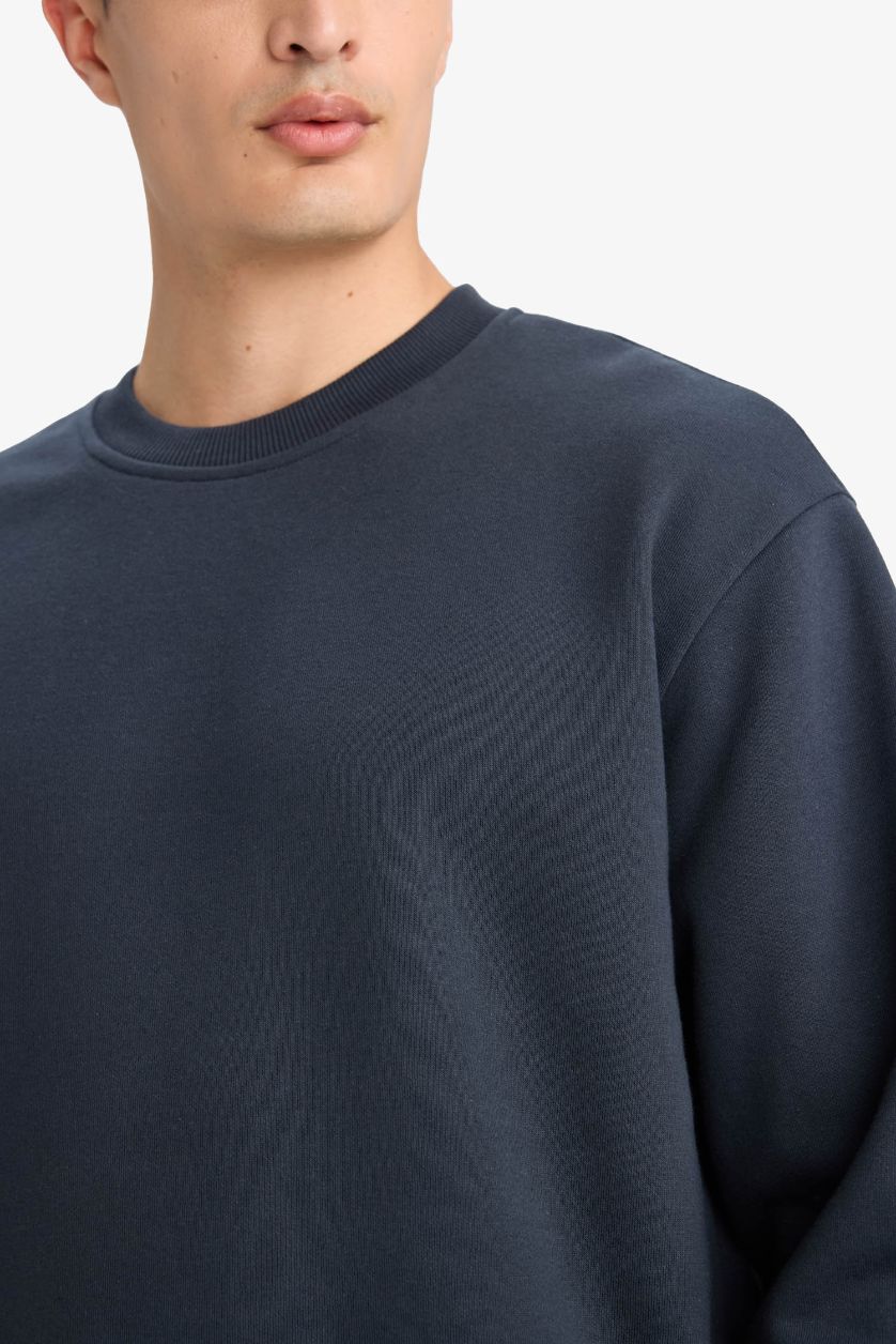 Erkek Lacivert Relax Fit Bisiklet Yaka Kalın İçi Yumuşak Tüylü Basic Düz Sweatshirt