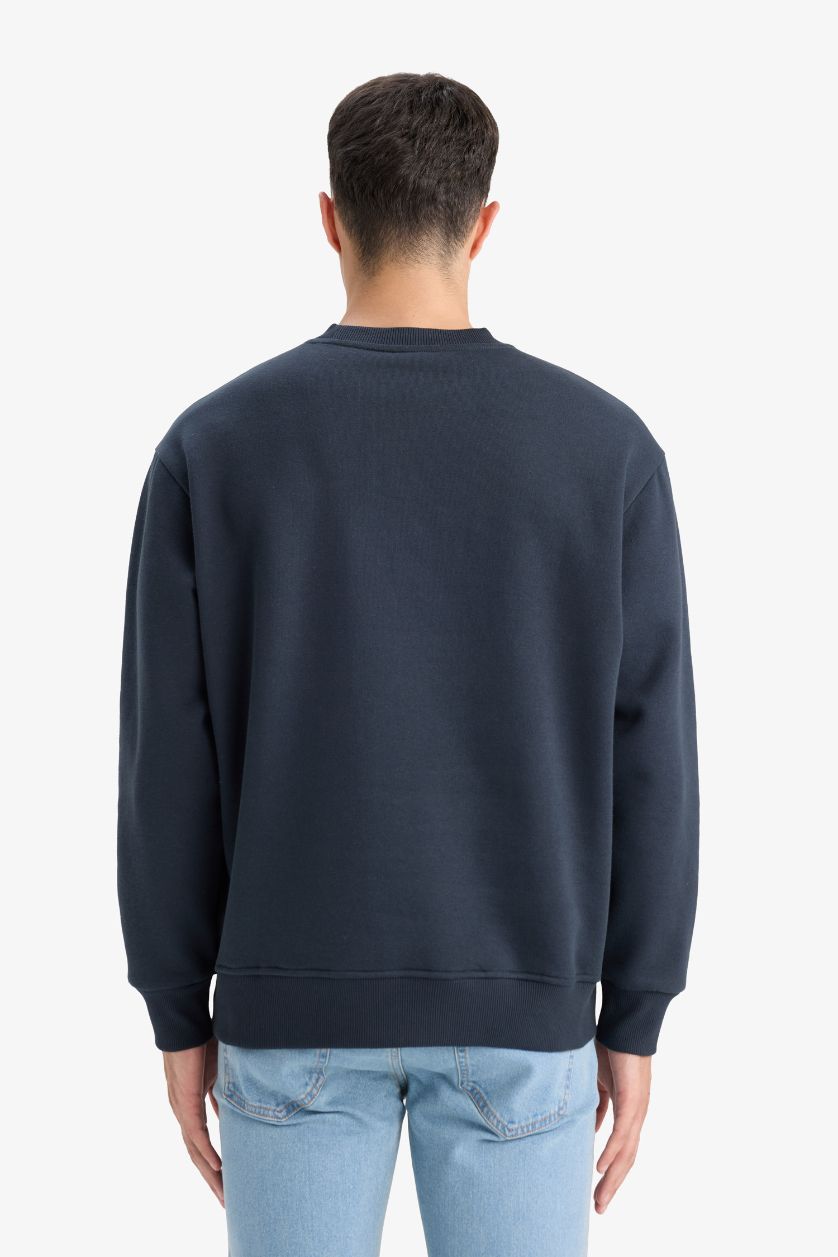 Erkek Lacivert Relax Fit Bisiklet Yaka Kalın İçi Yumuşak Tüylü Basic Düz Sweatshirt