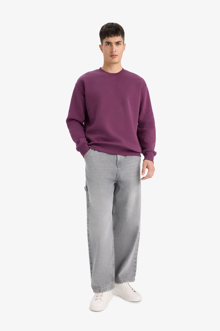 Erkek Mor Relax Fit Bisiklet Yaka Kalın İçi Yumuşak Tüylü Basic Düz Sweatshirt