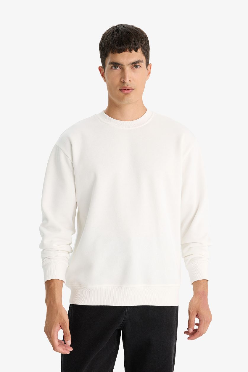 Erkek Kırık Beyaz Relax Fit Bisiklet Yaka Kalın İçi Yumuşak Tüylü Basic Düz Sweatshirt