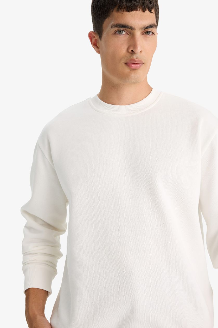 Erkek Kırık Beyaz Relax Fit Bisiklet Yaka Kalın İçi Yumuşak Tüylü Basic Düz Sweatshirt