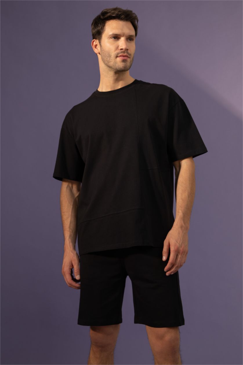 رجالي أسود تي شيرت قطنياوفر سايز بياقة دائرية