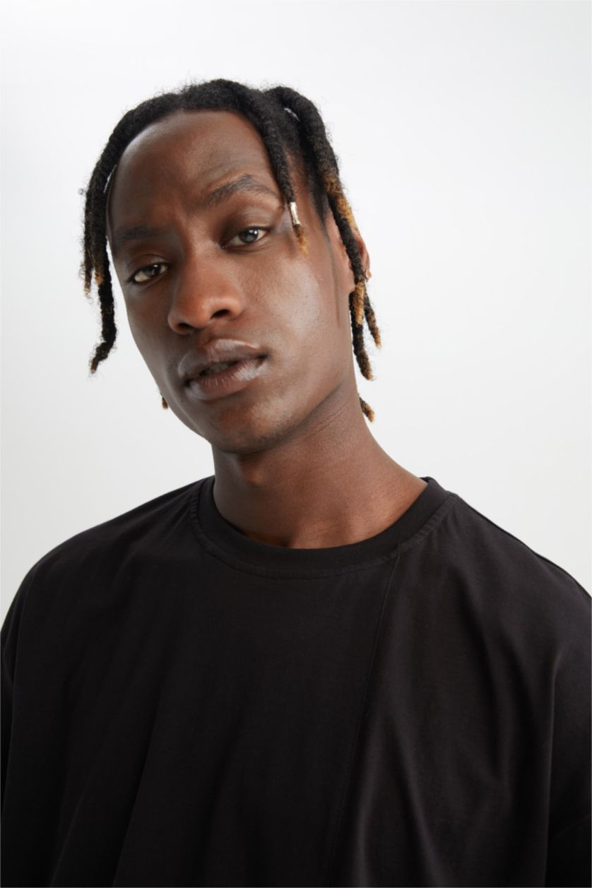 رجالي أسود تي شيرت قطنياوفر سايز بياقة دائرية