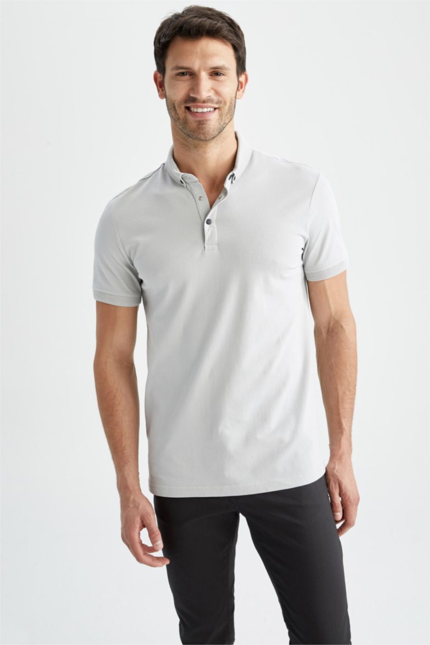 Erkek Açık Taş Slim Fit Dar Kesim Kısa Kollu Basic Düz Polo Tişört