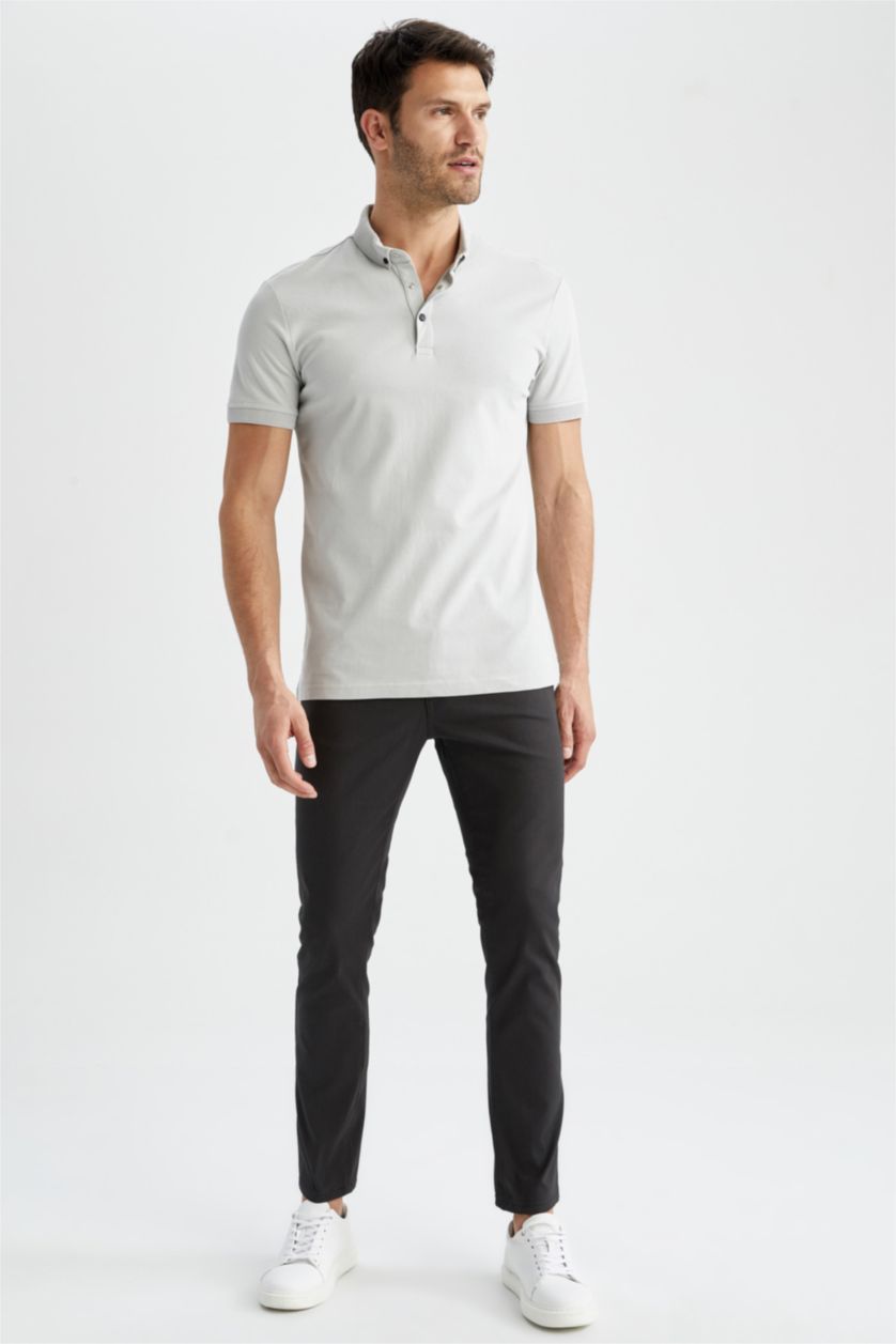 Erkek Açık Taş Slim Fit Dar Kesim Kısa Kollu Basic Düz Polo Tişört