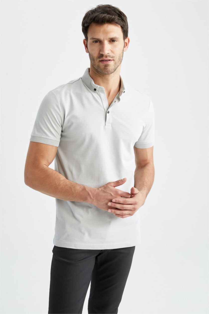 Erkek Açık Taş Slim Fit Dar Kesim Kısa Kollu Basic Düz Polo Tişört